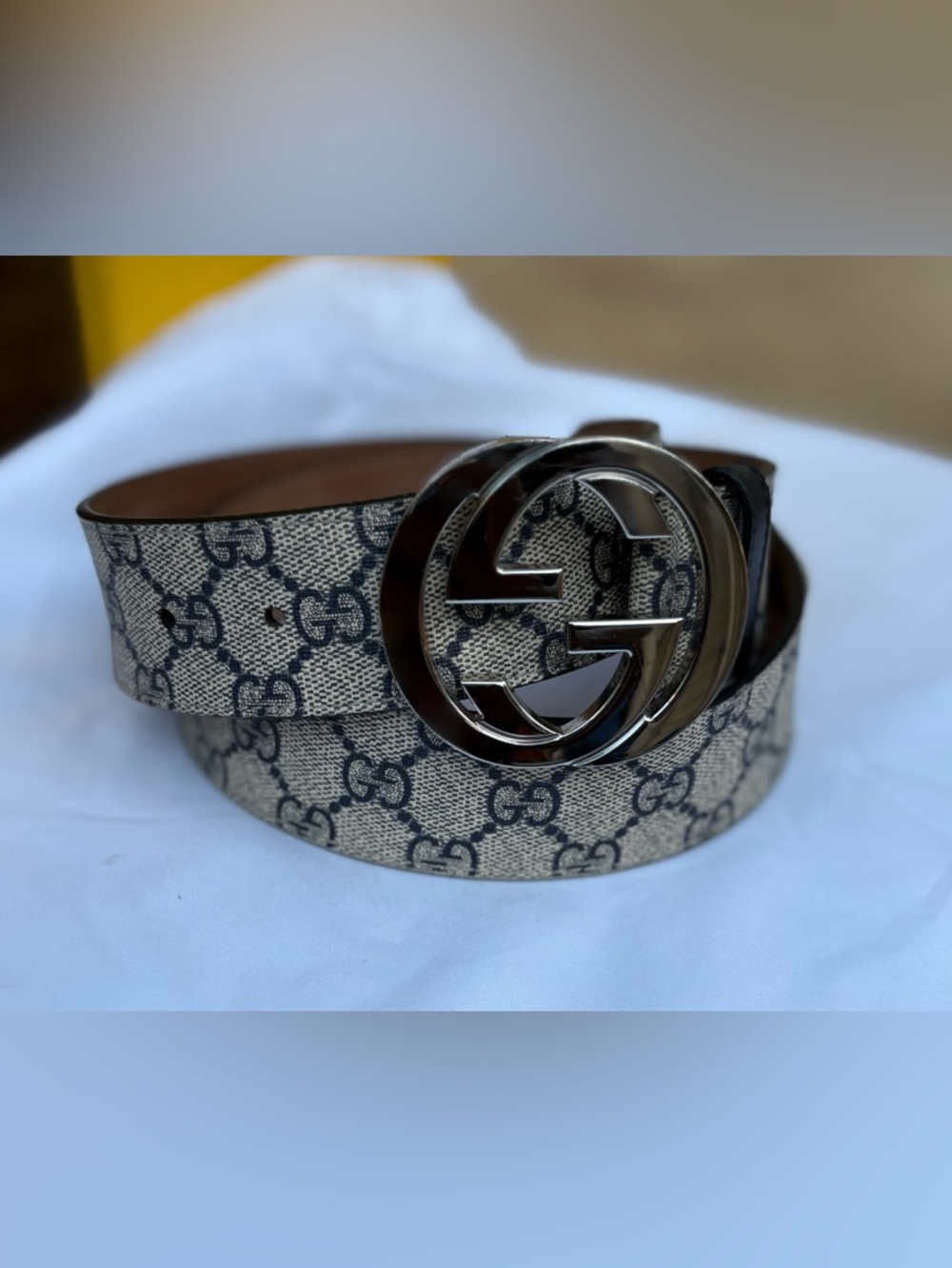 Gucci Beige GG Canvas Belt with Gunmetal Double G Buckle 💯 Authentic Sz 34 US